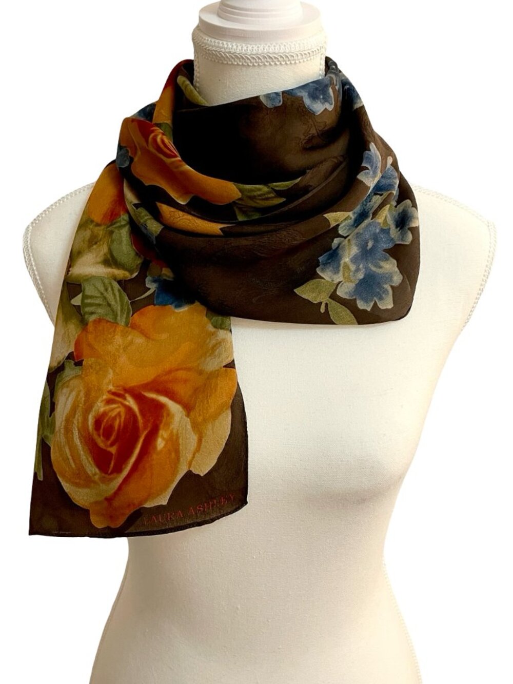 Laura Ashley Floral Oblong Scarf Brown Blue Rose Print 11x56 Silky Feel